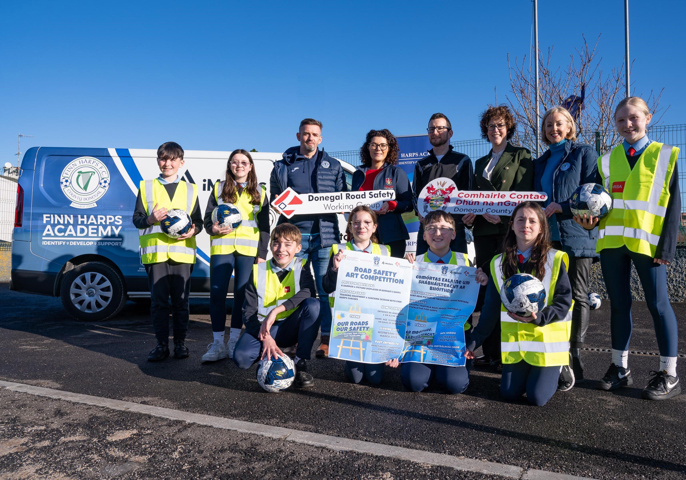 Donegal County Council Road Safety Art Competition launch in association with Finn Harps Academy at St. Baithin’s National School St. Johnston. Sixth class students with from left Kevin McHugh, Academy Director Finn Harps, Pamela Smullen, Donegal County Council, Eamon McEldowney, Class Teacher, Mary O'Brien, School Principal and Aisling Dignam, Finn Harps Academy. Photo Clive Wasson