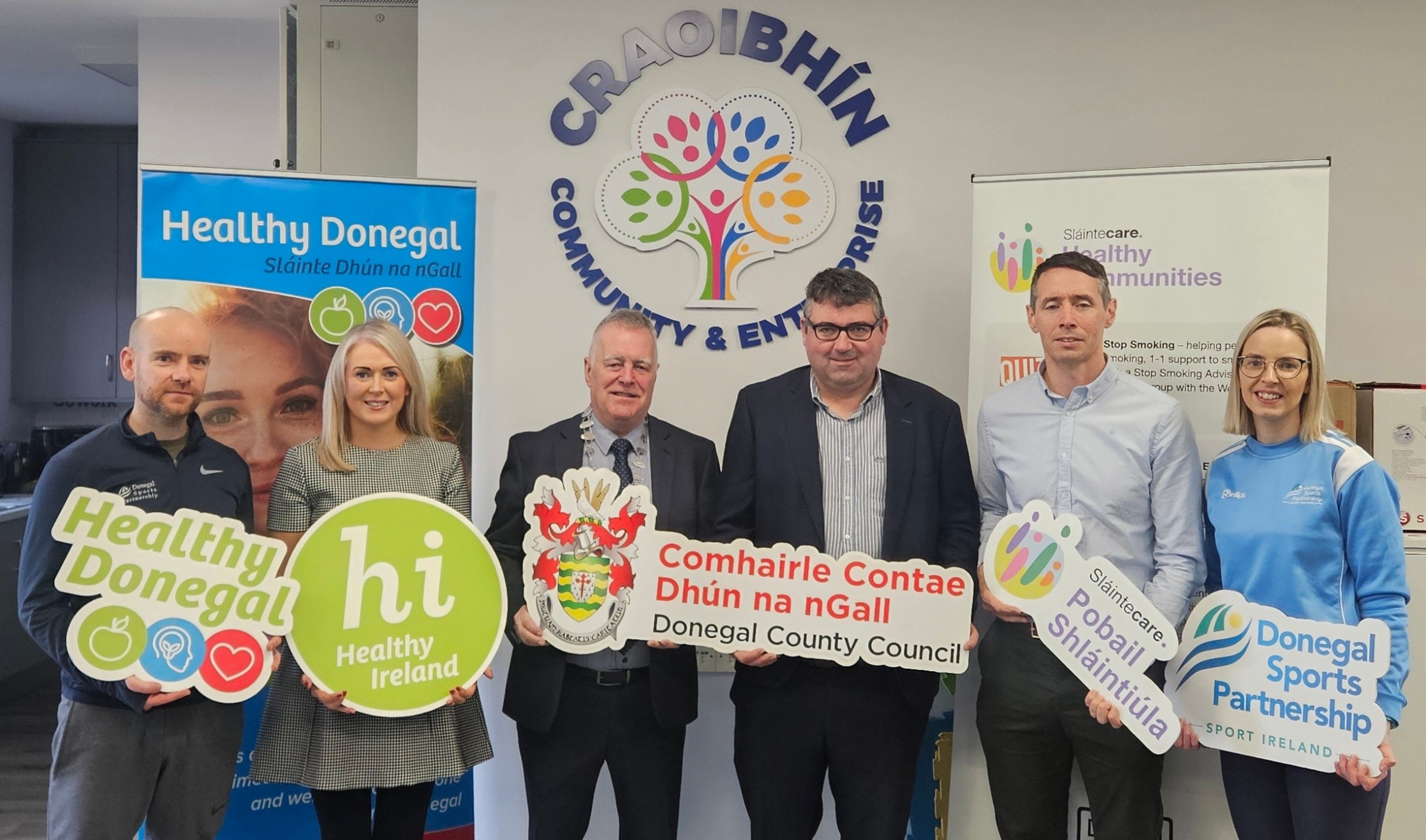 Pictured L-R: Danny Gillespie, Donegal Sports Partnership; Margaret Fitzgerald, Healthy Ireland Programme; Cllr. Jimmy Kavanagh, Leas-Chathaoirleach of Donegal County Council; Paddy Doherty, Senior Executive Officer, Community Development, Donegal County Council; Ciaran Martin, Slaintecare Healthy Communities Programme; Kirsty Browne, Donegal Sports Partnership