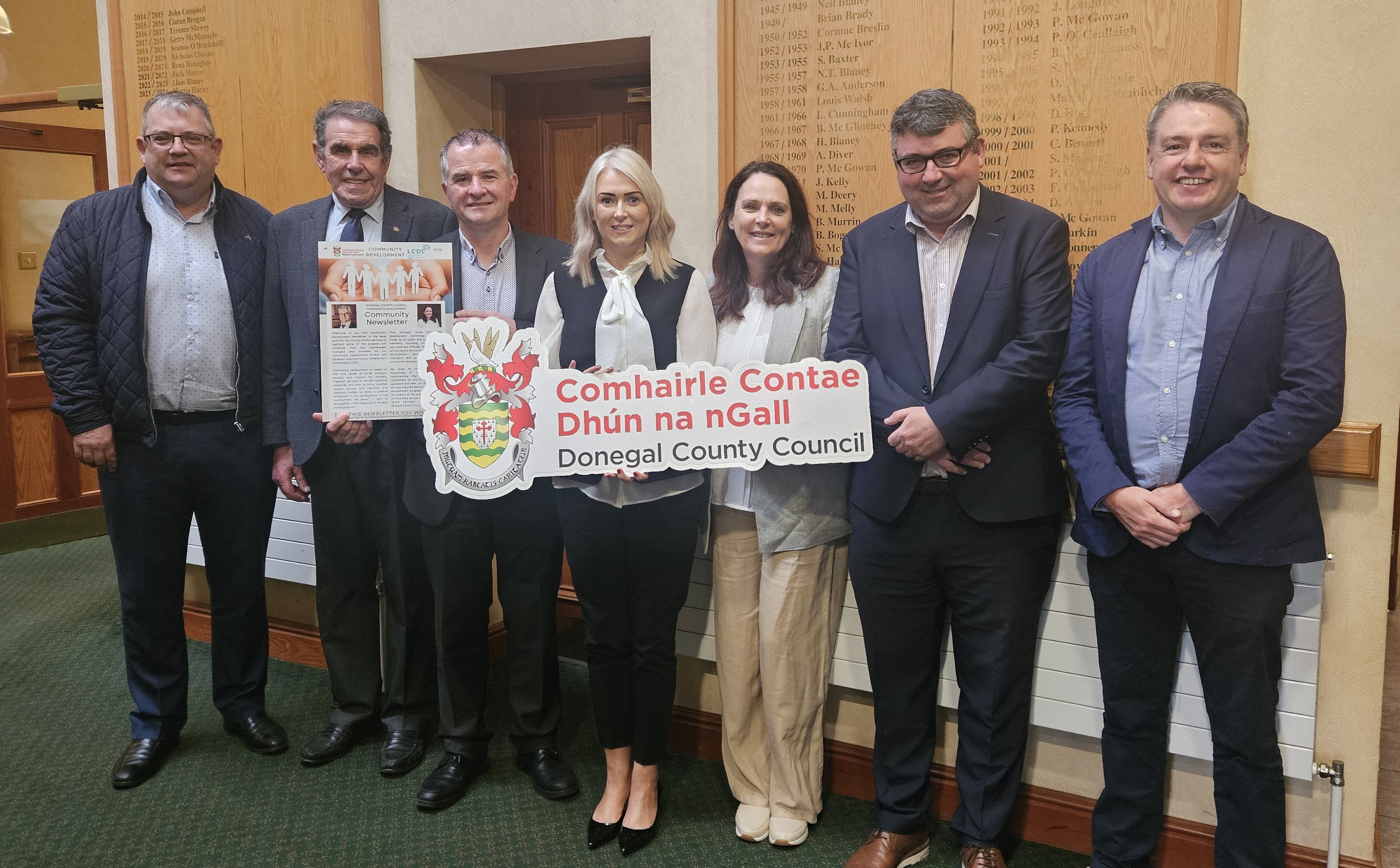 Members of the Donegal Local Community Development Committee pictured at the launch of the Community Newsletter L-R: Cllr. Brian Carr; James O’Donnell ICMSA; Liam Ward, Director of Service, Community Development and Planning Services; Margaret Fitzgerald, Community Development; Cathaoirleach of Donegal County Council, Cllr. Niamh Kennedy; Paddy Doherty, Divisional Manager, Community Development; Padraic Fingleton, CEO, Donegal Local Development Company