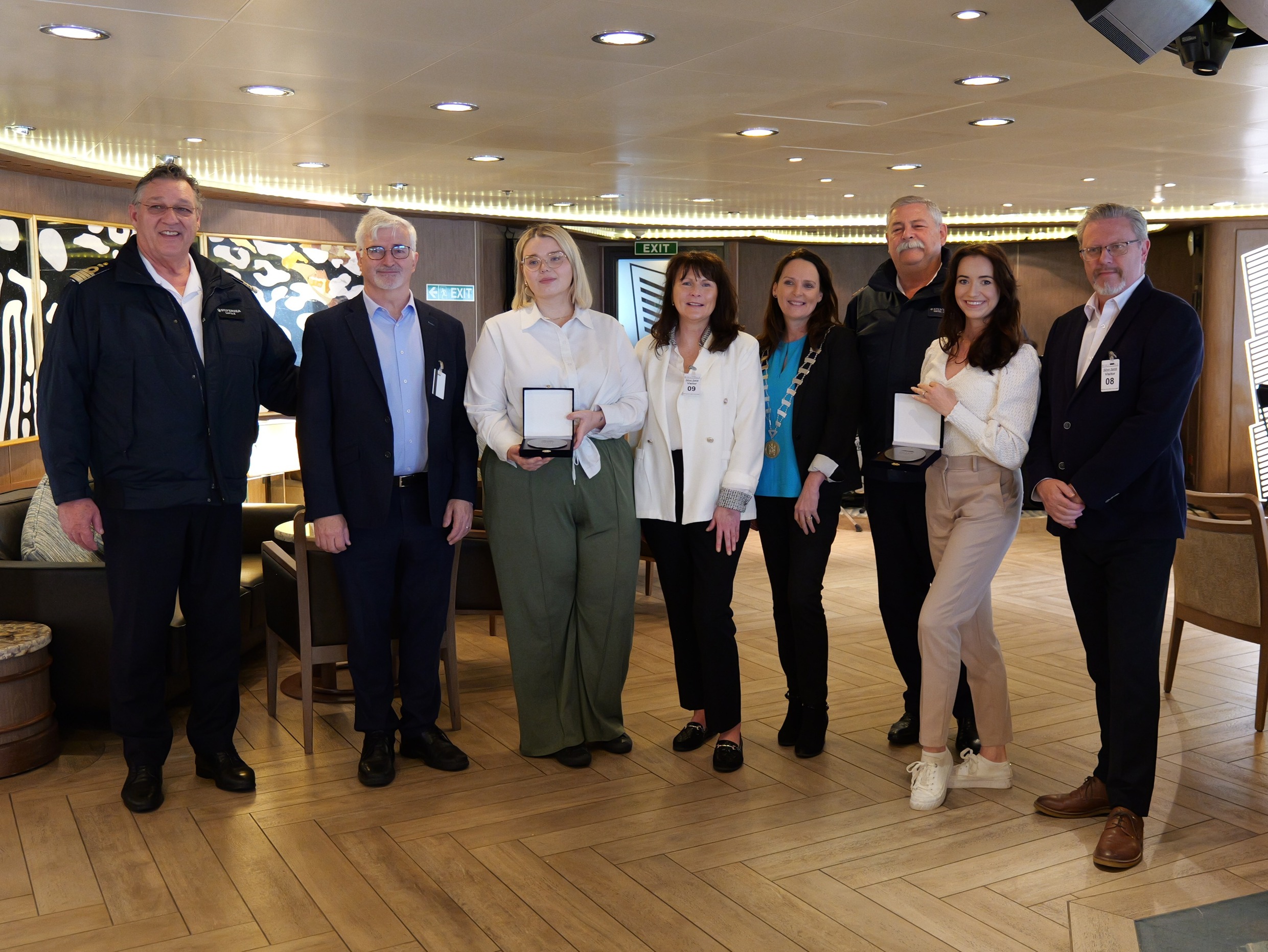 From left to right: Captain Ivo Botica, Silversea Silver Spirit; John G. McLaughlin, Chief Executive, Donegal County Council; Rebecca McLaughlin, Marketing Officer, Go Visit Inishowen; Monica Roddy, Visitor Experience Officer, Go Visit Inishowen; Cllr. Niamh Kennedy, Cathaoirleach of Donegal County Council; Luis de Sousa, Hotel Director, Silversea Silver Spirit; Louise Denvir, Cruise Marketing Executive, Foyle Port; Matt Doherty, Business Development Officer, Visit Derry.