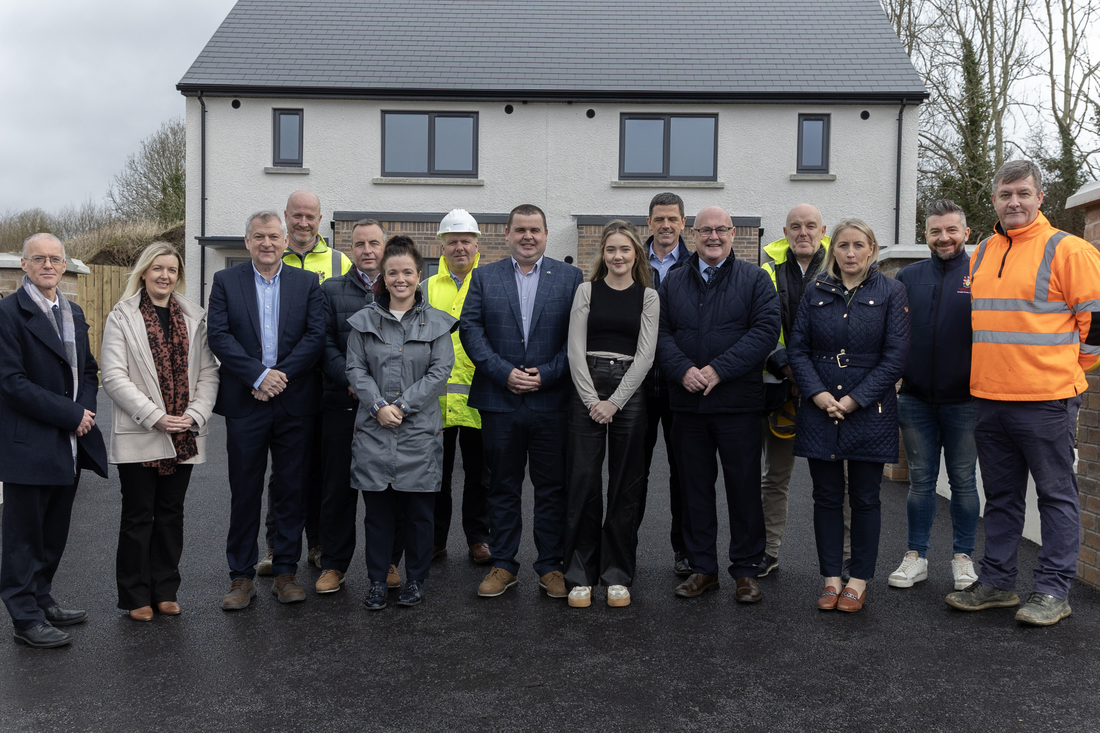 Members of Lifford-Stranorlar Municipal District photographed during a visit to the new Council Housing Estate at Corran an Lín, Convoy, on 3rd March 2025.  They are pictured with Donegal County Council staff who were involved in the project and representatives from Meadowfield Developments Ltd, Contractor for this new development